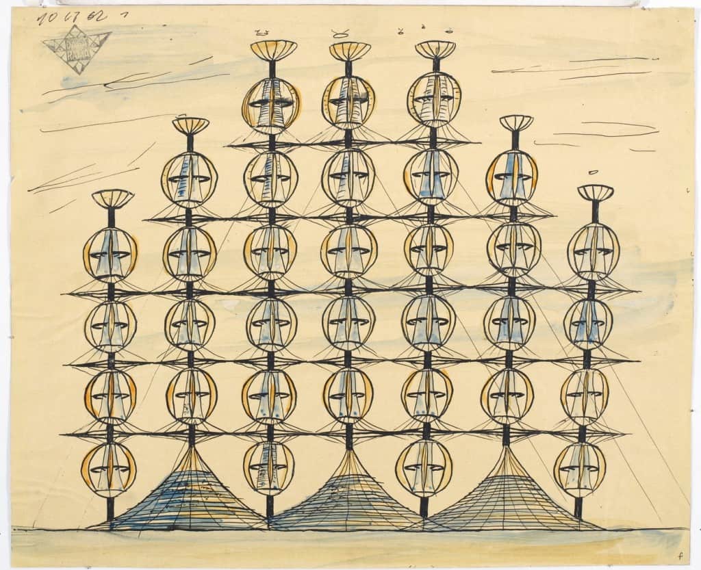 Jednostka mieszkalna wysoka o kulistych przegrodach klimatycznych, 1962 High housing unit with spherical climatic shields Ink on paper, 35.4 × 42.8 Muzeum Architektury we Wrocławiu  