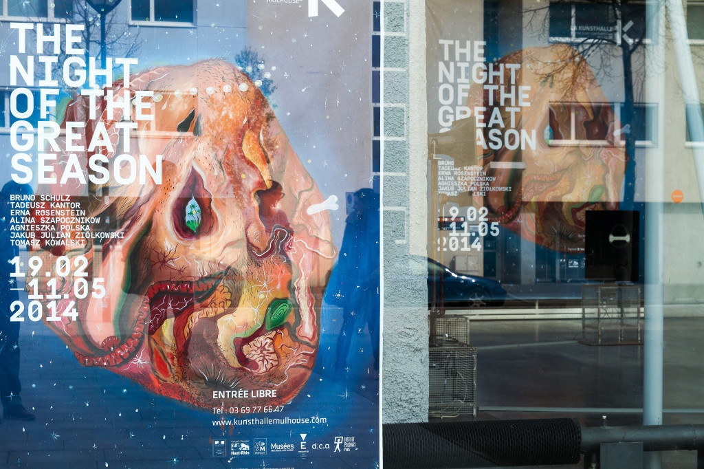 La Kunsthalle in Mulhouse, France, poster of the exhibition The Night of the Great Season, photo Contemporary Lynx, Mulhouse, March 2014