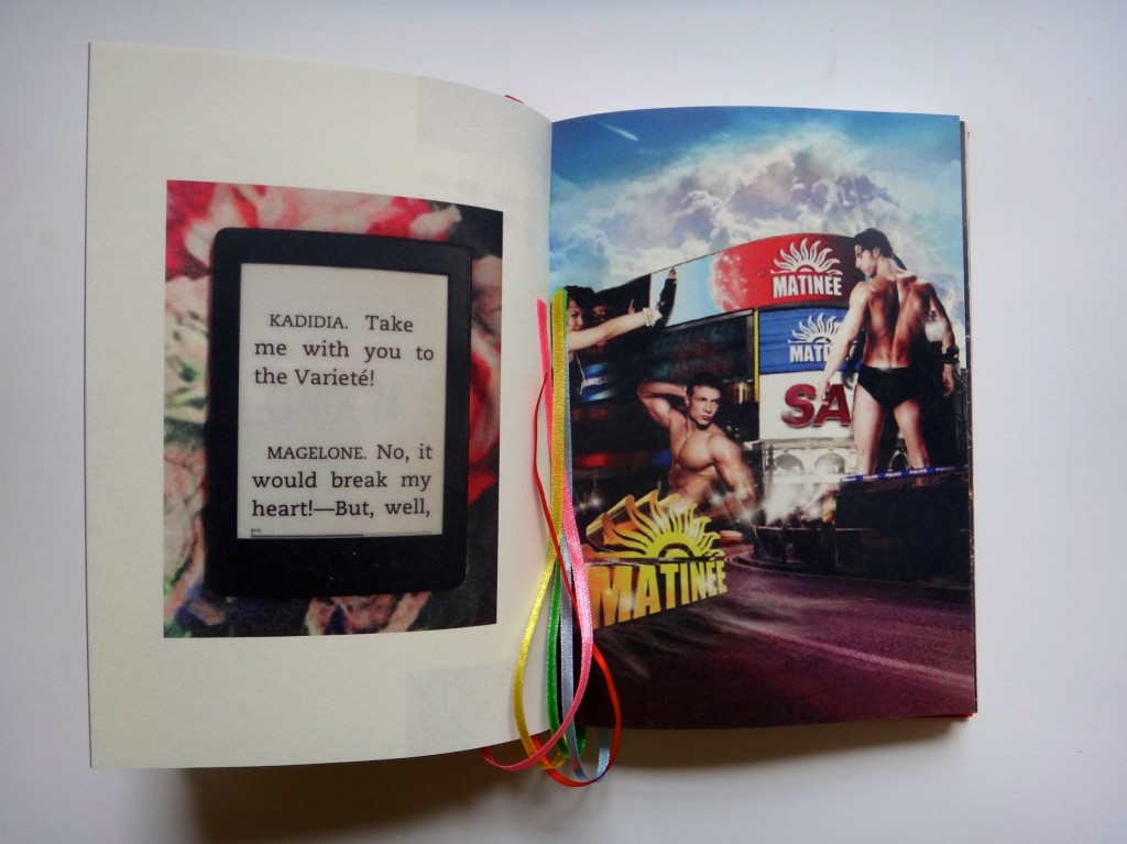 Magda Buczek, Justina&co.uk, 2013, artbook, 20x15cm, archive paper cover with canvas and a bandaid sticker in the shape of mouth covered with nail varnish, found footage photography and archive materials, fragments of e-editions of Daniel Dafoe's Moll Flanders and Frank Wedekind's Lulu, photo courtesy the artist