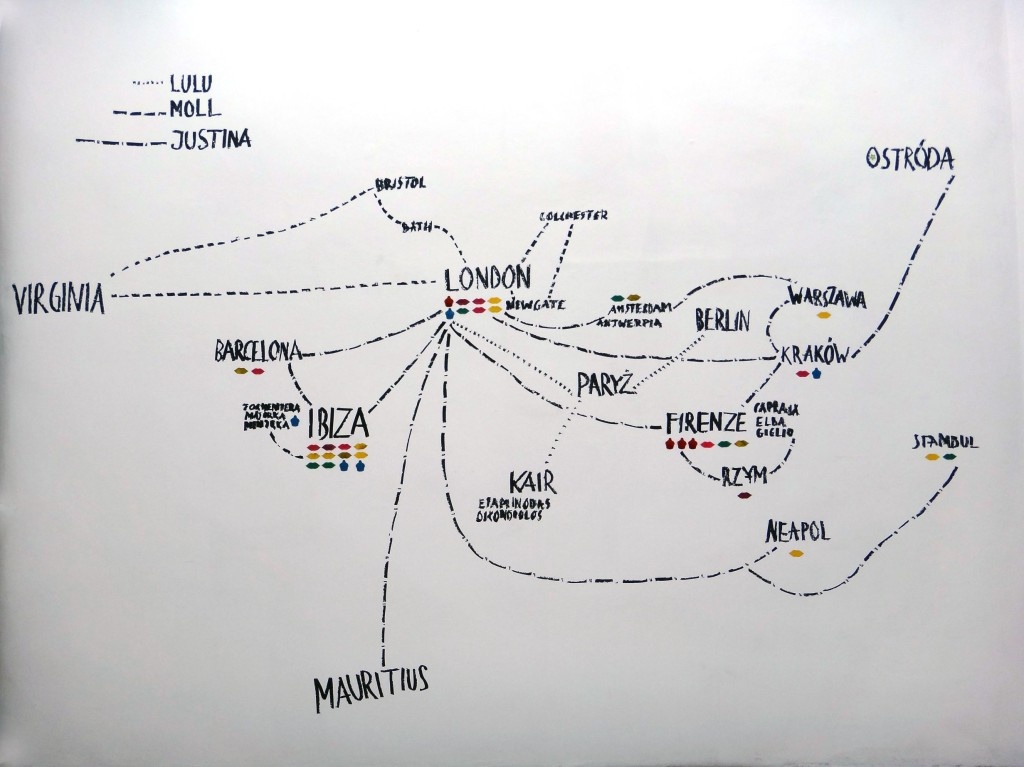 Magda Buczek, Justina&co.uk, Justina‘s, Moll‘s and Lulu’s map of journeys (2013) wall painting incl 48 bandaid and found footage stickers in the shape of mouth and cupcakes covered with nail varnish, photo courtesy the artist