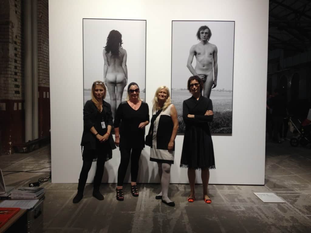 Agnieszka Rayzacher, Natalia LL & Zuzanna Janin in front of Natalia LL’s work Body Topology, 1967, photography, digital print, 2 pieces, abc art fairs, Courtesy of the Local_30 Gallery, September 2014 