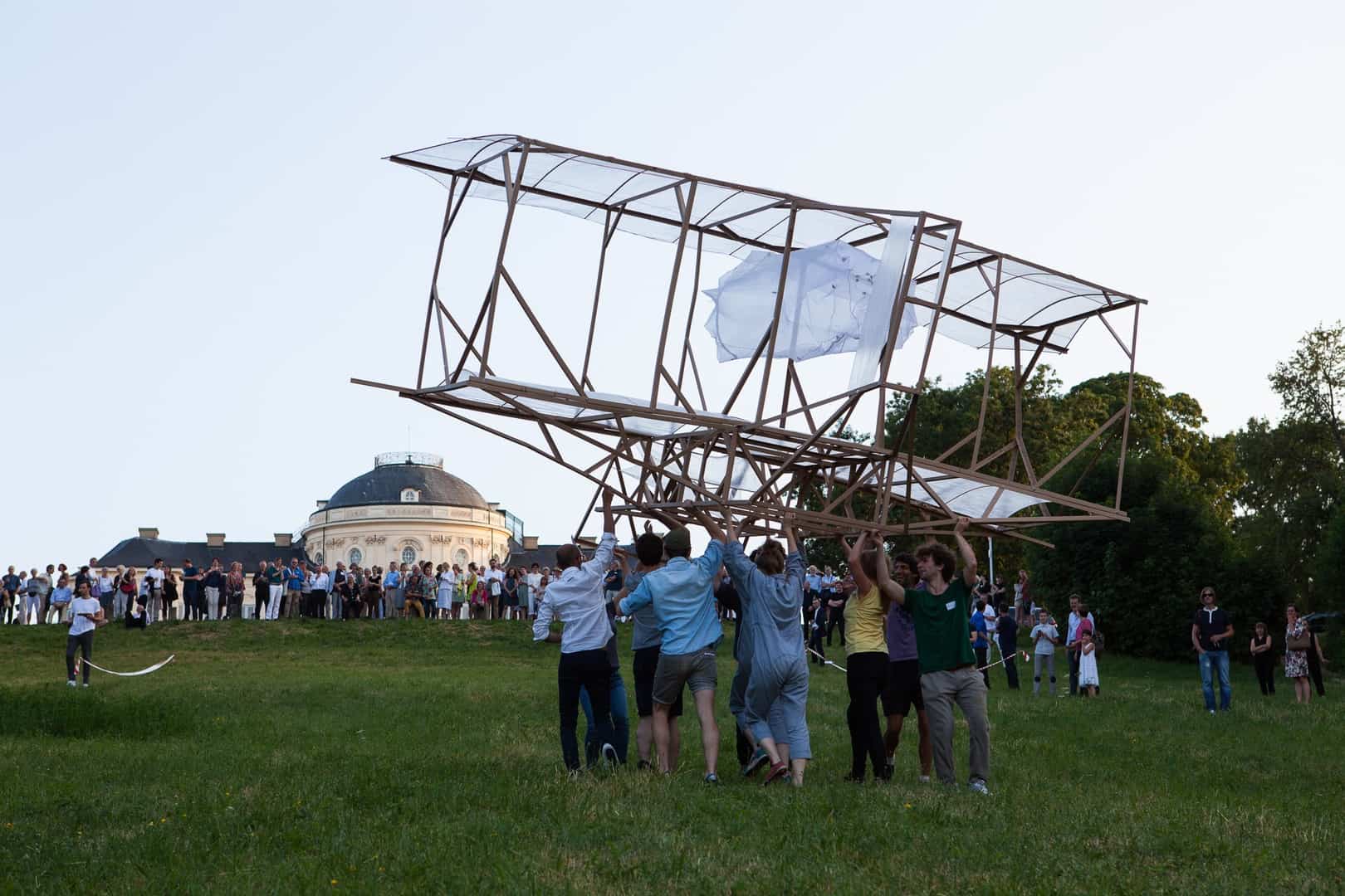 R. Armstrong & Alicja Bielawska, Vanessa Cardui: testflight #1, 2015, performance / sculpture, silk organza, cardboard, butterflies, metal wire 