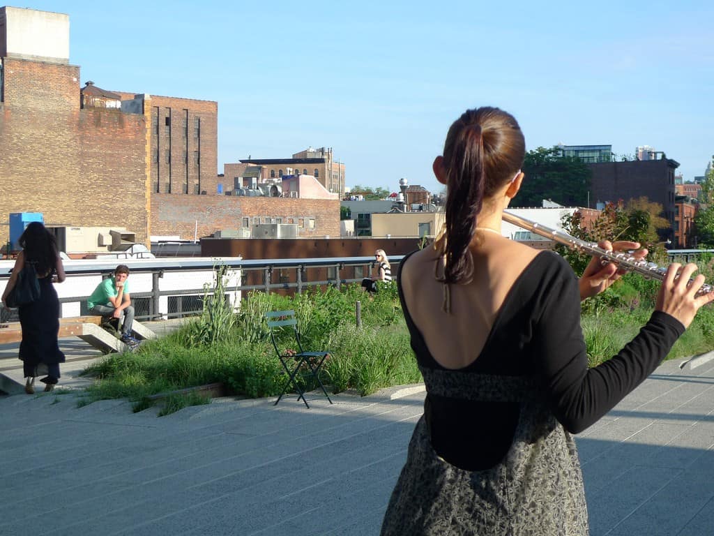 Conceived by RU artist Ana Prvacki (Serbia), “Wandering Band” was a series of performances in June 2010 where vocalists and musicians armed with portable wind, string, and brass instruments strolled along The High Line performing their daily scales, tonal, and finger exercises.