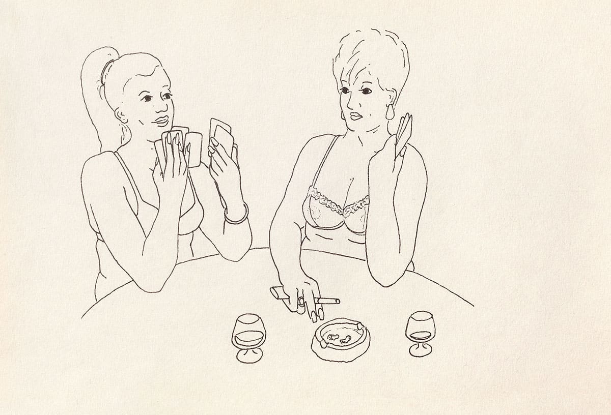 Rafał Dominik, Agata and Kasia playing strip poker, felt-tip, paper, 18x25cm, 2016