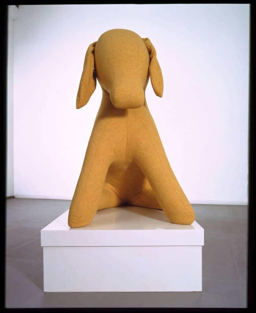 Cosima von Bonin, UNTITLED (THE YELLOW DONKEY WITH BOX), 2004. Mixed media. 148.5 x 81.6 x 142 cm. Photo: Simon Vogel. Collection Stedelijk Museum Amsterdam, donation Thomas Borgmann, Berlin