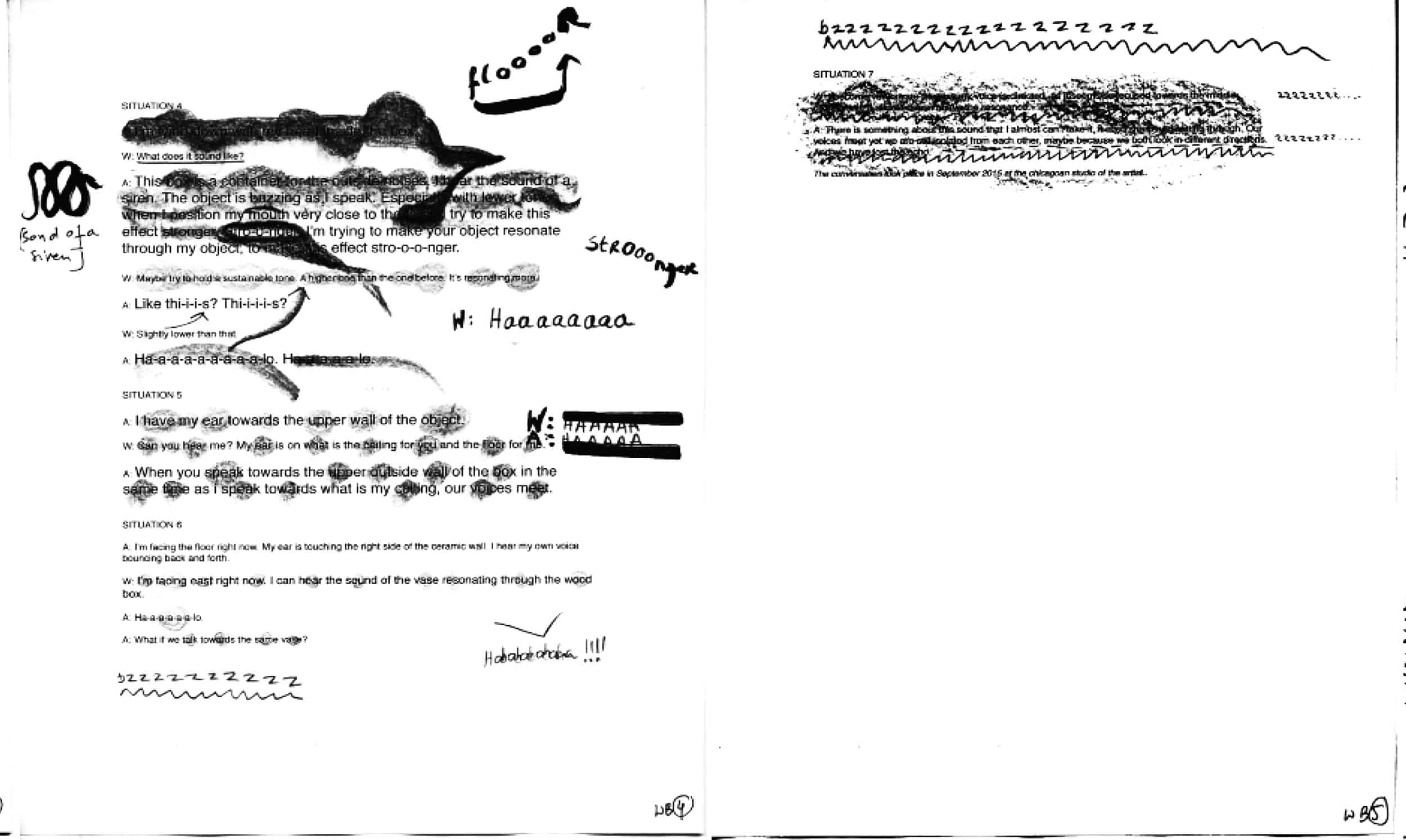 Fragments of the graphic score related to the „Can you hear me” exhibition, Centre for Contemporary Art Ujazdowski Castle, Warsaw 2015. Photo courtesy of Anna Orlikowska.