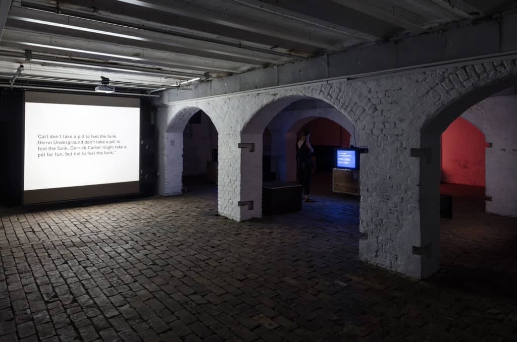 Tony Cokes, installation view, 10. Berlin Biennale, ZKU Zentrum für Kunst und Urbanistik, Berlin, courtesy Tony Cokes; Greene Naftali, New York; Electronic Arts Intermix, New York, photo Timo Ohler