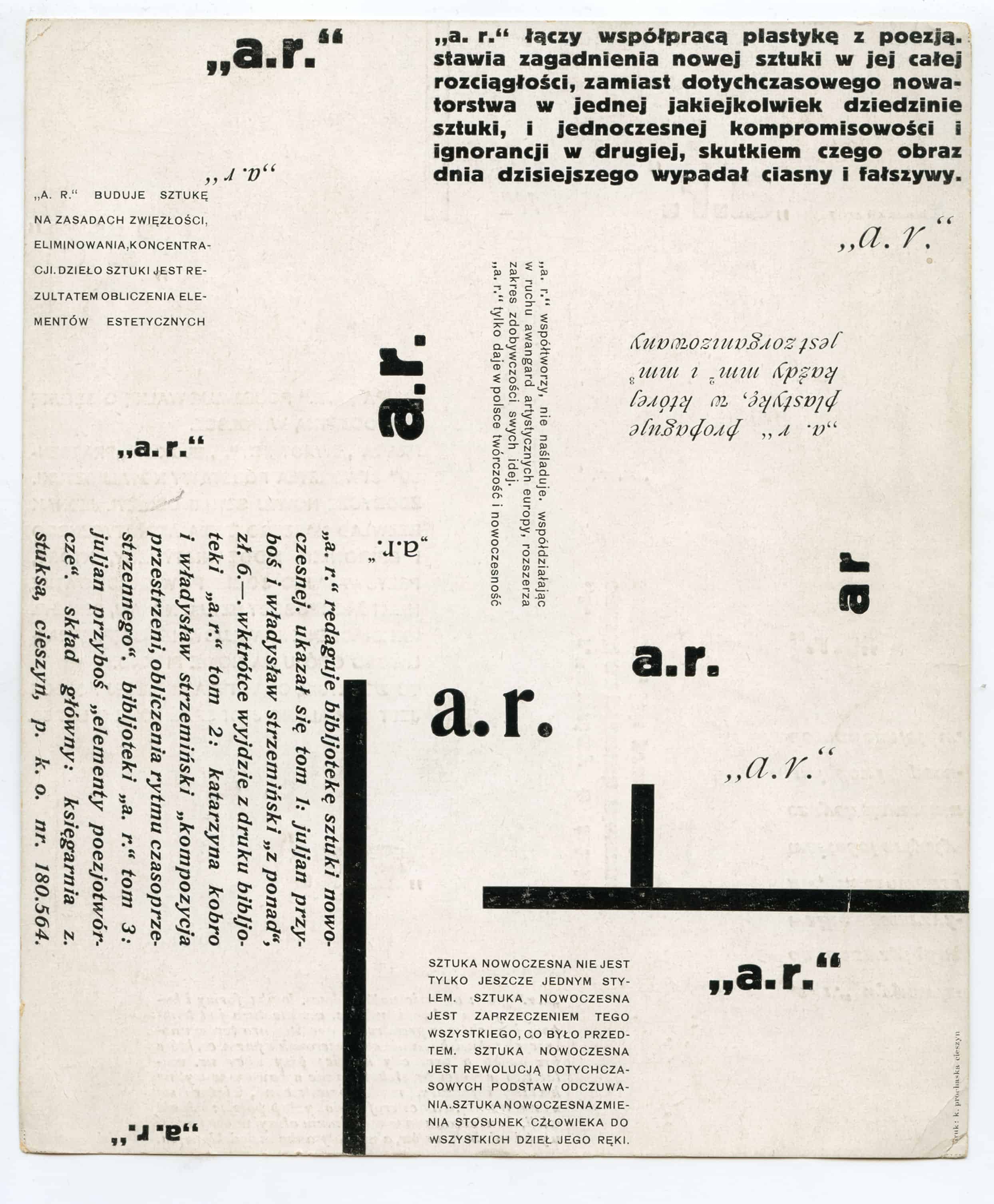 Wladyslaw Strzeminski (projet graphique) Komunikat grupy „a.r.” no. 1 Communiqué du groupe „a.r.” no 1 Cieszyn 1930 Archive of Muzeum Sztuki, Lodz ©Muzeum Sztuki, Lodz & Ewa Sapka-Pawliczak