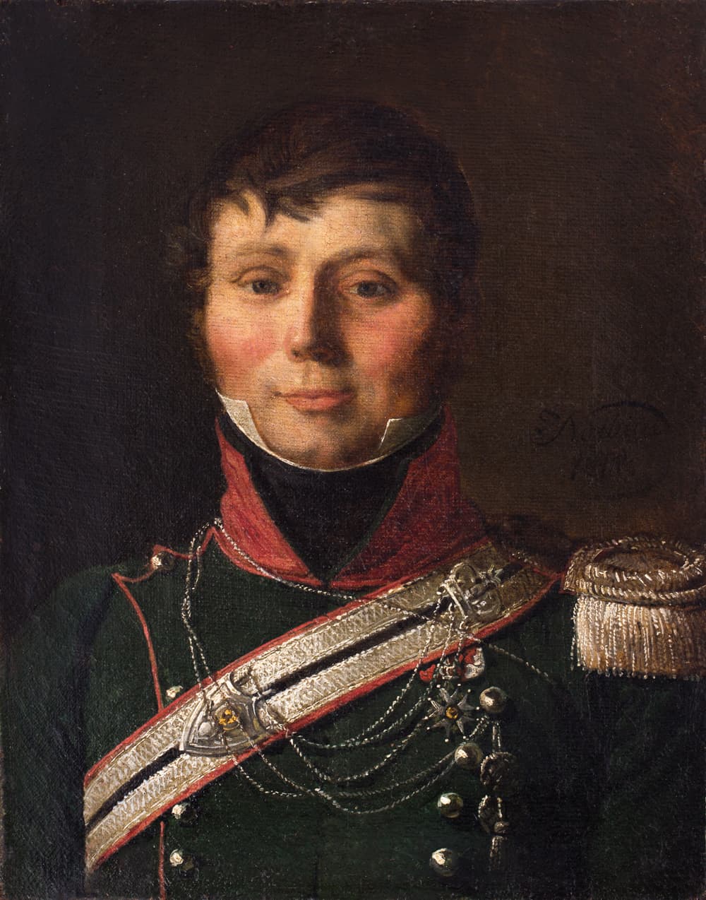 Jan Piotr Norblin (1745 - 1830) %22Portret kapitana 1. Pułku Szaserów%22 1818, oil on canvas, 27 x 21,5 cm, signed and dated on the right edge, %22J. Norblin | 1818%22