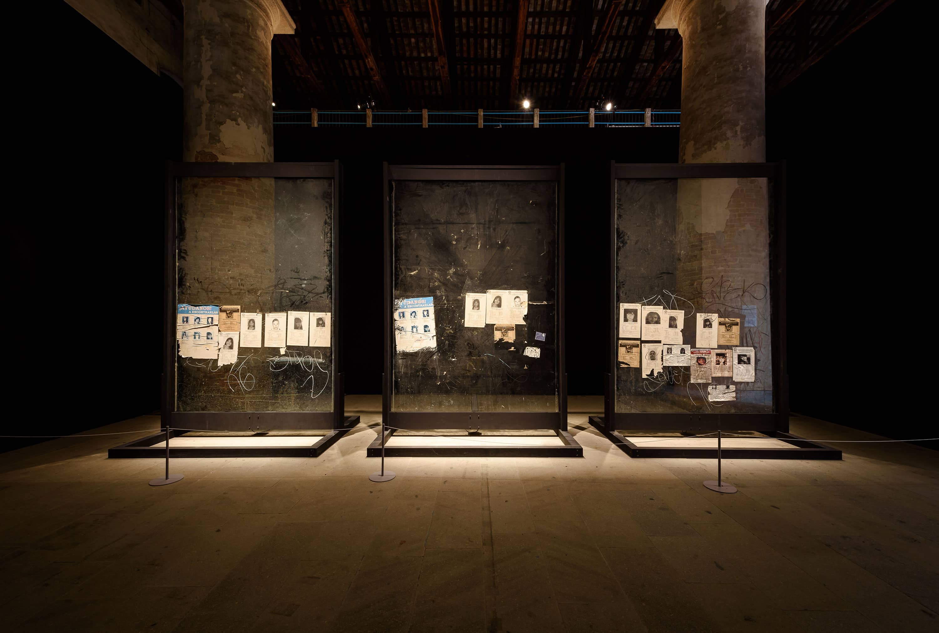 Teresa Margolles, La Búsqueda (2), 2014, Intervention with sound frequency on three glass panels, 58th International Art Exhibition - La Biennale di Venezia, May You Live In Interesting Times, photo by Andrea Avezzù, Courtesy: La Biennale di Venezia