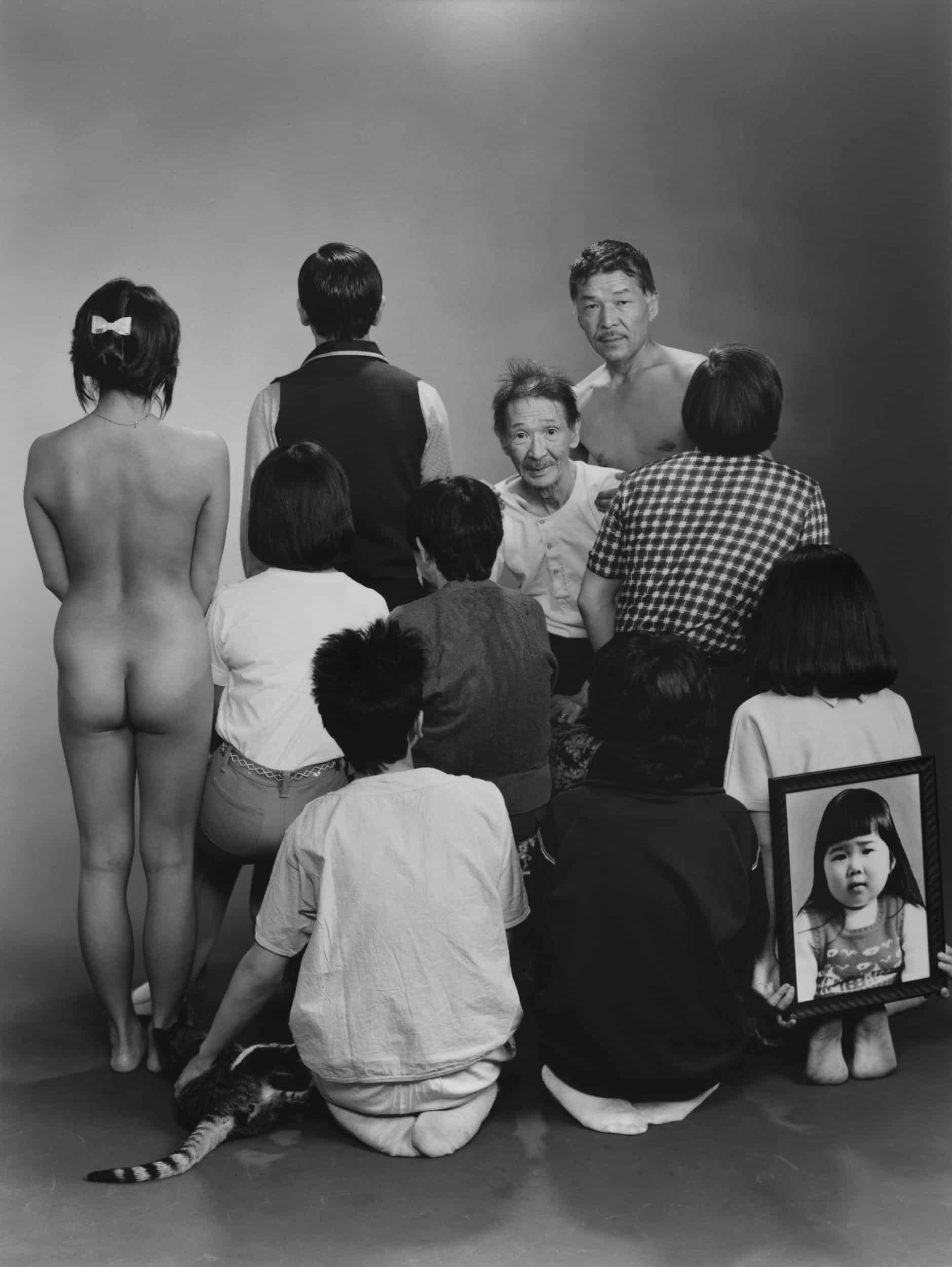 Masahisa Fukase. Upper row, from left to right: A, a model; Toshiteru, Sukezo, Masahisa. Middle row, from left to right: Akiko, Mitsue, Hisashi Daikoji. Bottom row, from left to right: Gaku, Kyoko, Kanako, and a memorial portrait of Miyako, 1985, from the series “Family” (1971-90) © Masahisa Fukase Archives