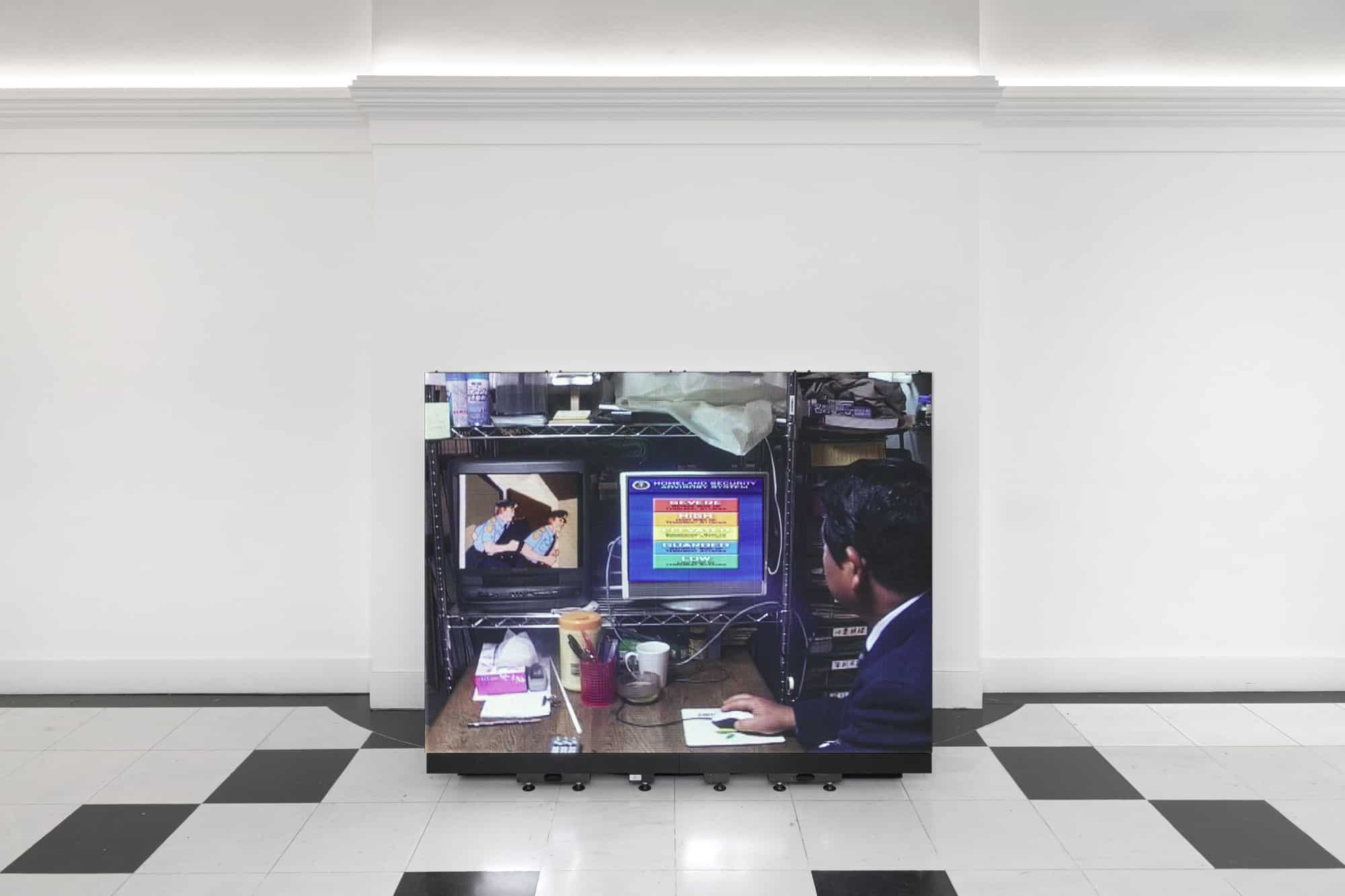 Hito Steyerl installation, Life Captured Still, Galerie Thaddaeus Ropac, London