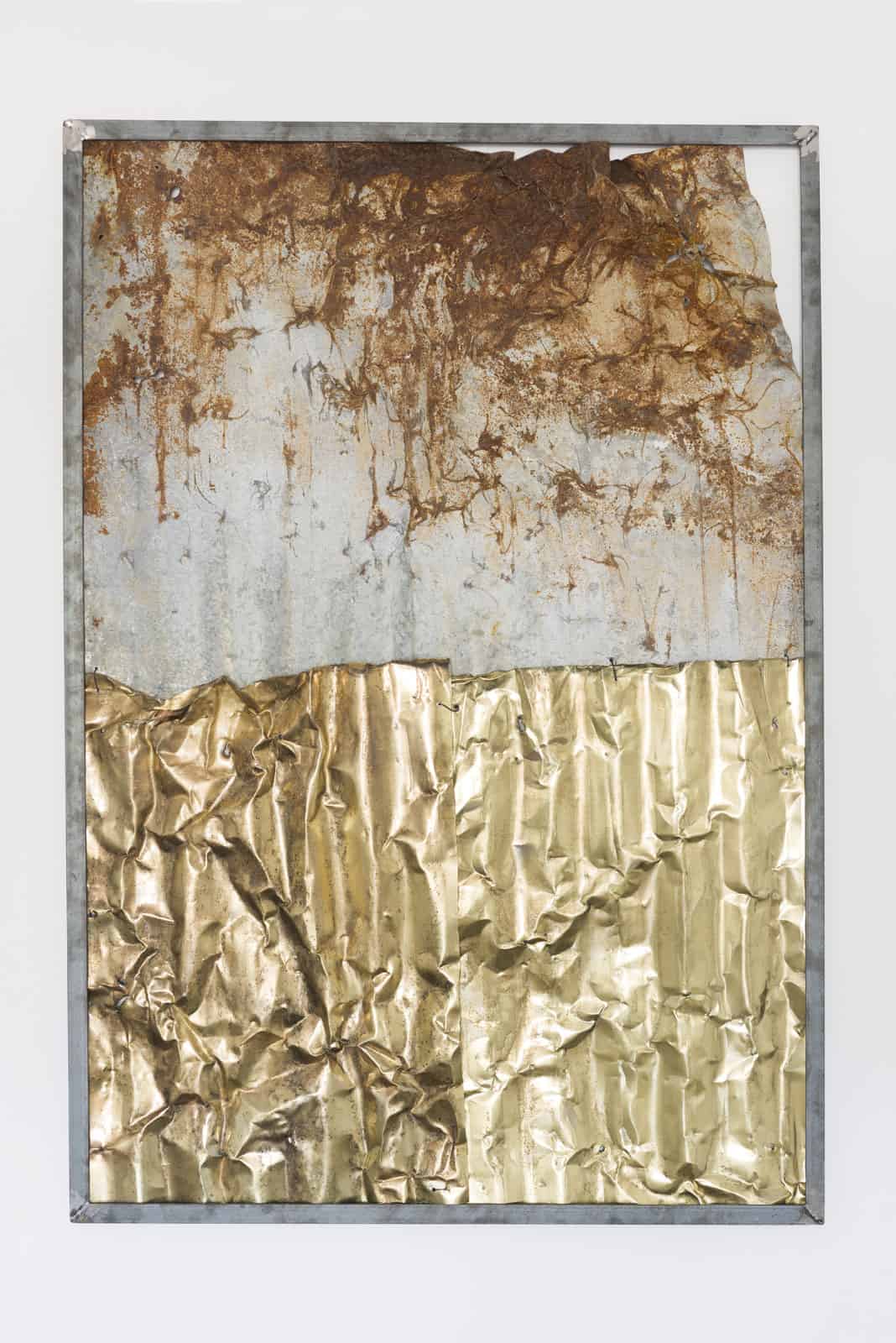 Malek Gnaoui, SC20/Ro 02, 2020, corrugated iron sheets, dismantled from homes and brass-plated. From Essaïda-Carthage series