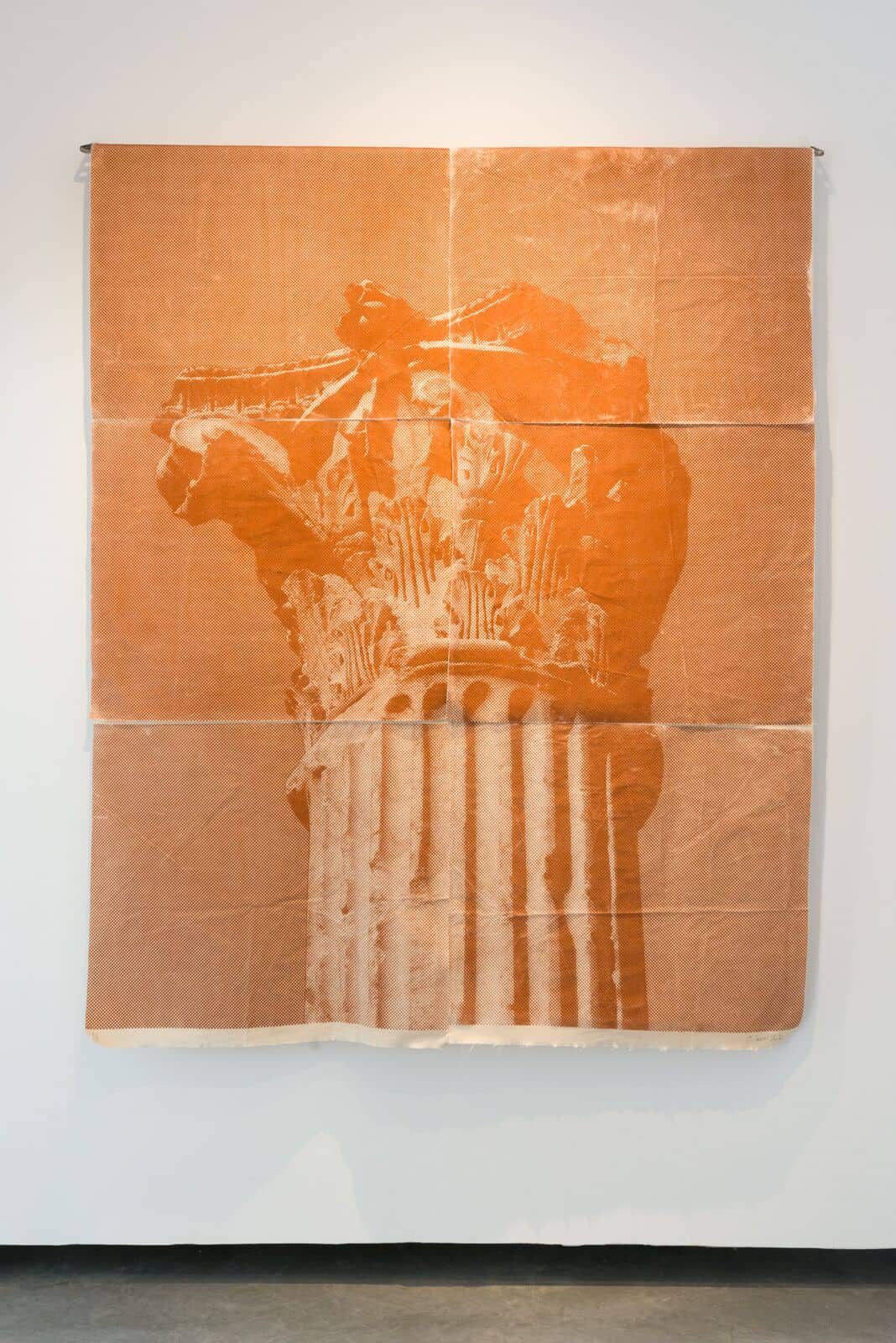 Malek Gnaoui, SC20/current red, 2020, screen-print and red brick dust on fabric. From Essaïda-Carthage series