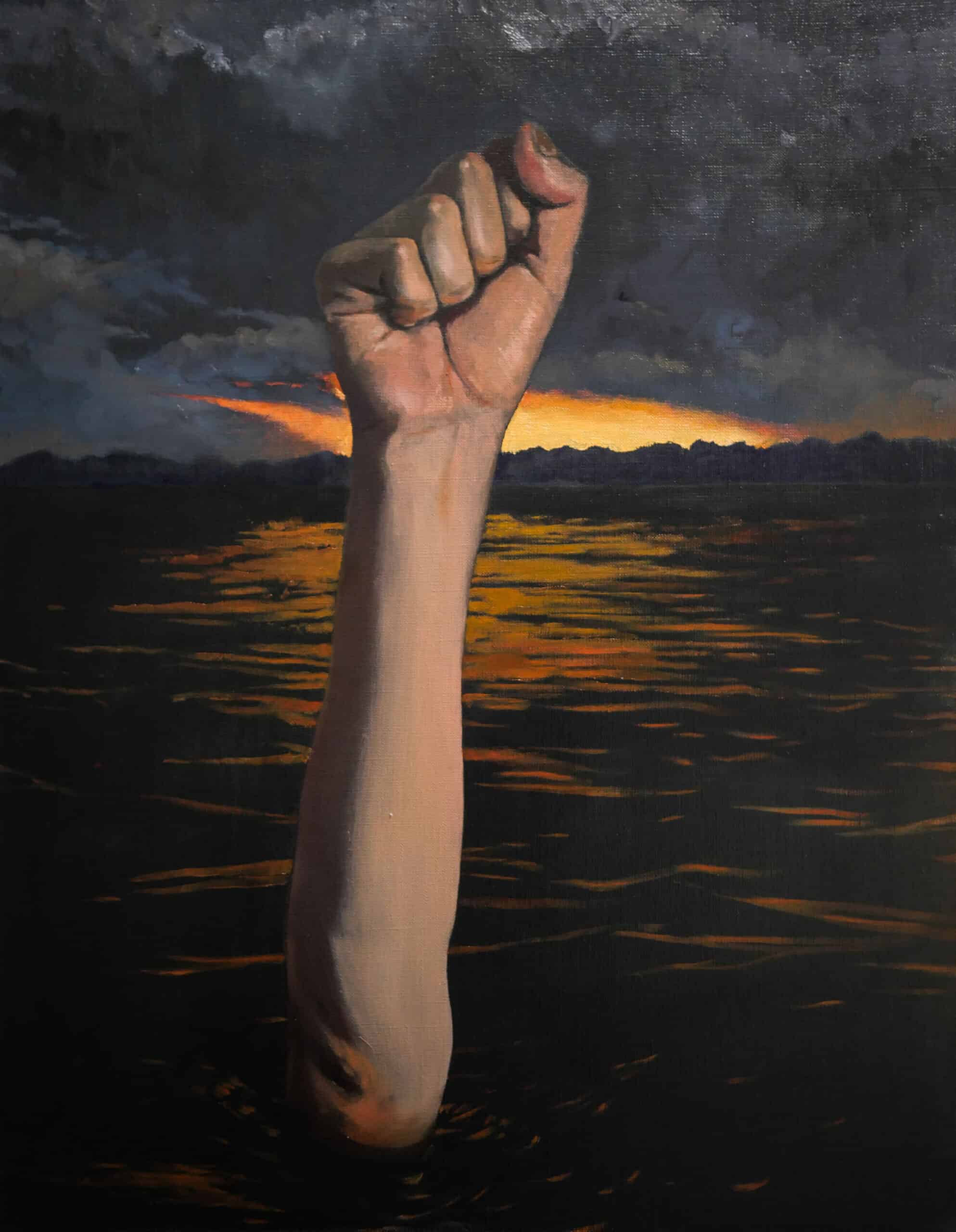 Landscape with Sunset and A Fist, oil on canvas, 70x50 cm, 2019