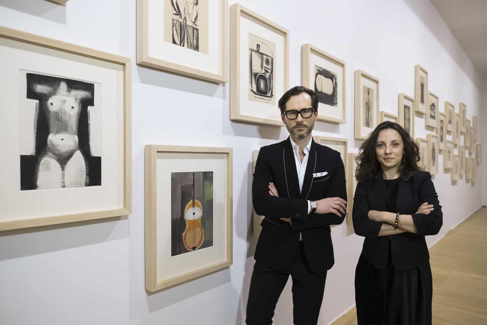 From the left: Wojciech Grzybała & Magdalena Ziółkowska, curators, exhibition view: ‘Andrzej Wróblewski. Waiting Room,’ Moderna galerija, Ljubljana, 2020, photo: courtesy Andrzej Wróblewski Foundation