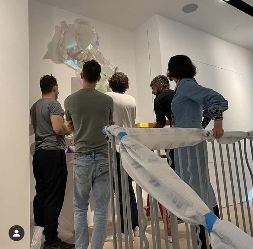 During installation at Valeria Napoleone’s collection, London, From the left: Ian Brown, Giovanni Fazzolari, Liam Tickner, Marco Pagliardi and Kola Sliwinska. Courtesy of Valeria Napoleone Collection 2020