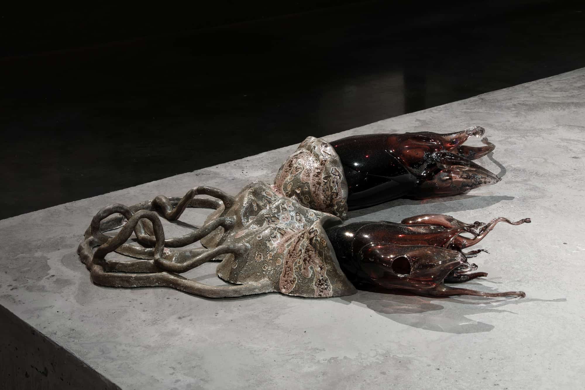 Khthon, 2019, glazed stoneware and porcelain, blown and thermoformed glass, stained concrete