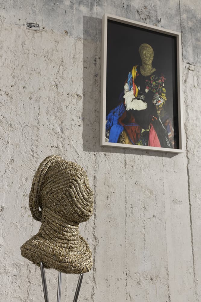 Liliana Piskorska (Zeic), from the series “Sourcebook”: (on the floor) “Sketch for Narcissa Żmichowska (no. 8)”, 2020, object, meadow straw, rope, pins, styrodur, metal frame; (on the wall) “Portrait of Narcissa Żmichowska (no. 9)”, 2020, digital photography, 87 x 58 cm, courtesy of the artist. Photo Alicja Kielan, © Wrocław Contemporary Museum, 2021.