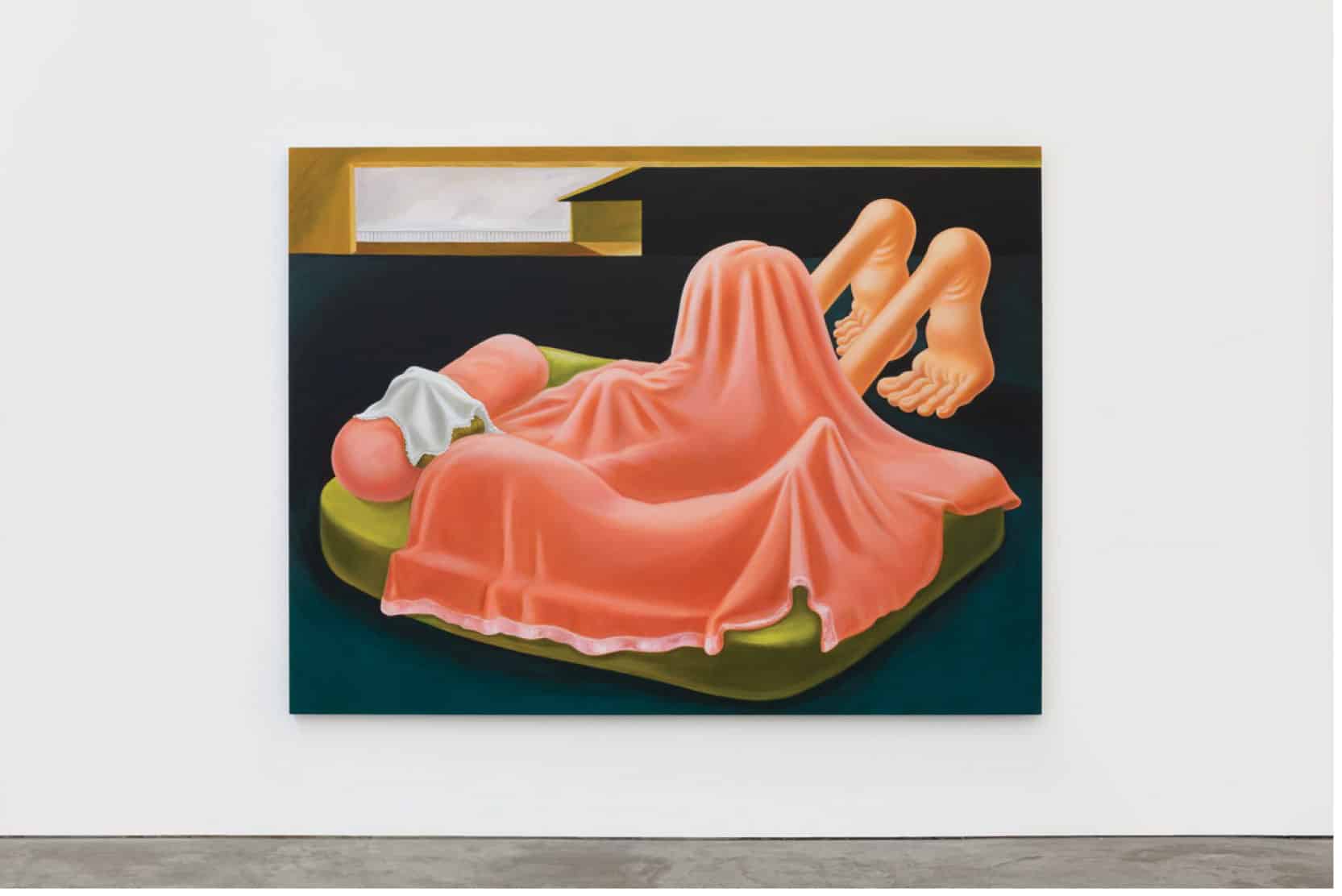 Louise Bonnet, Interior with Pink Blanket, 2019, oil on linen, 72 × 96 inches (182.9 × 243.8 cm) © Louise Bonnet