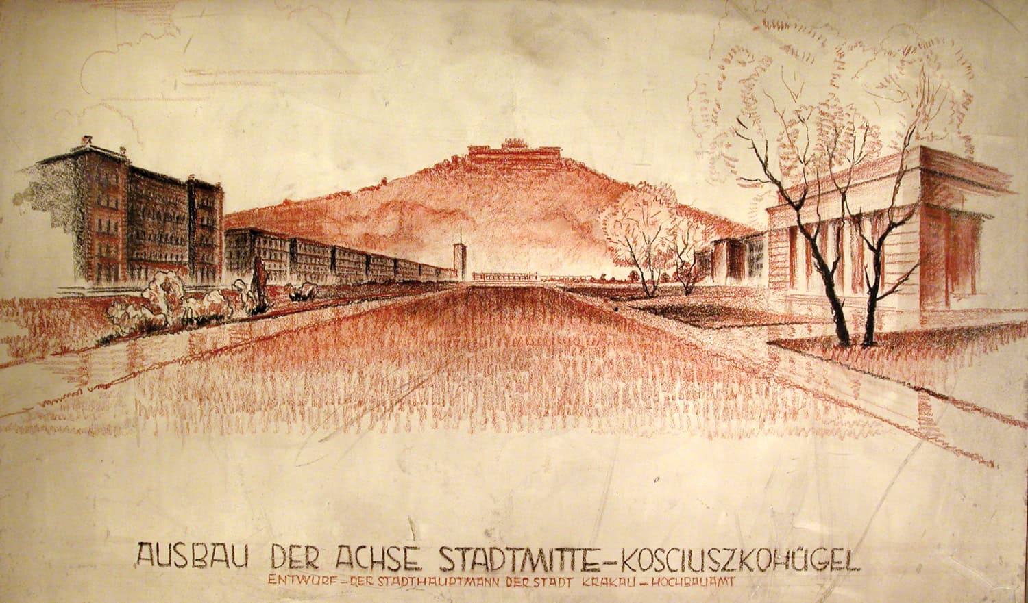 Plan of development along Błonia (the city common), March 1942, Georg Stahl, paper, pencil, coloured pencil, tracing paper, National Archives in Krakow