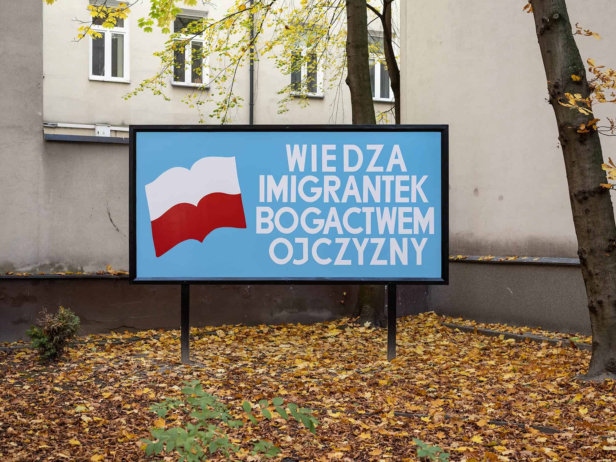 Yuriy Biley, KNOWLEDGE OF IMMIGRANT WOMEN THE WEALTH OF THE MOTHERLAND 2022, installation, steel, sheet metal, paint, size 400x300x20cm. Exhibition, “Raster Sculpture Garden”, Raster gallery, Warsaw, Poland. Photo by Michał Kaczyński