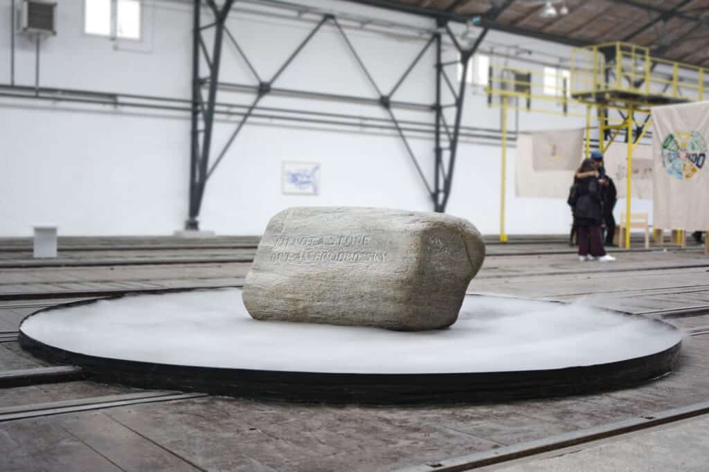Anca Benera & Arnold Estefan When Stones Are Talking…, 2023, Public monument, installation (engraved stone), 120 x 140 x 100 cm each, Photo: Anca Benera & Arnold Estefan