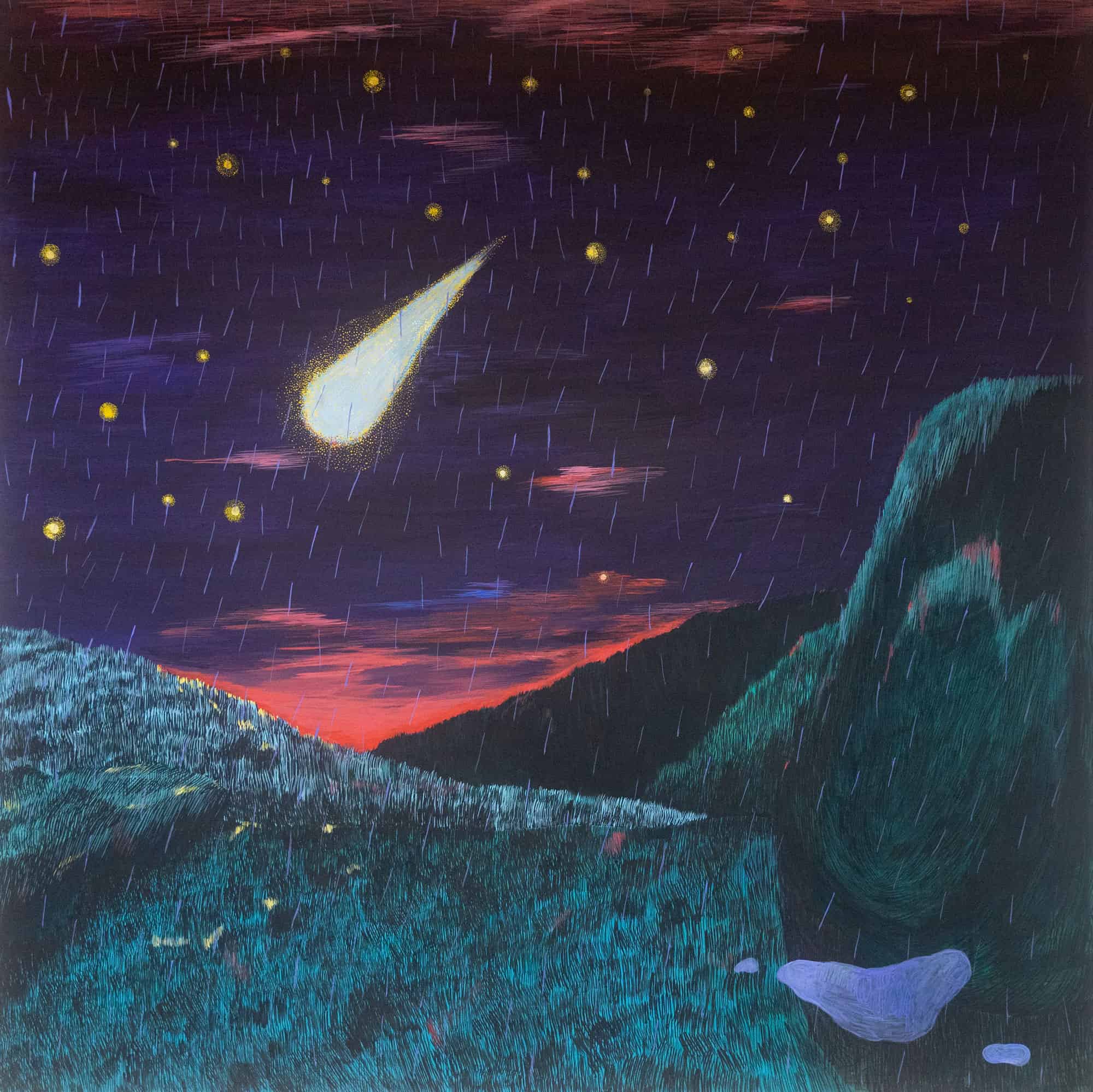 Iwona Ogrodzka, Comet over Lukowica, 120x120cm, acrylic on canvas, 2022