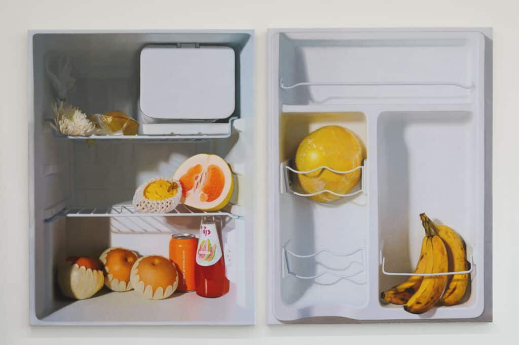 Andrew Leventis, Mini Fridge - Dragon Fruit and Bananas (Diptych), from the Refrigerators (Vanitas) series, 2022, oil/canvas, 106.68 x 81.28 cm (each). Courtesy of the MOCAK Museum.