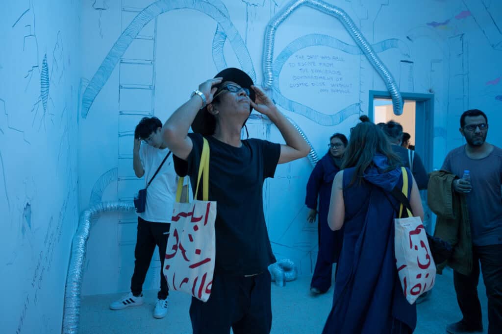 Driant Zeneli ، Towards the Mineral of Chrome ، 2024 . Installation view_ Sharjah Biennial 16 ، Arts Palace ، Al Dhaid ، Sharjah ، 2025 . Photo_ Motaz Mawid. Courtesy of the Sharjah Biennial