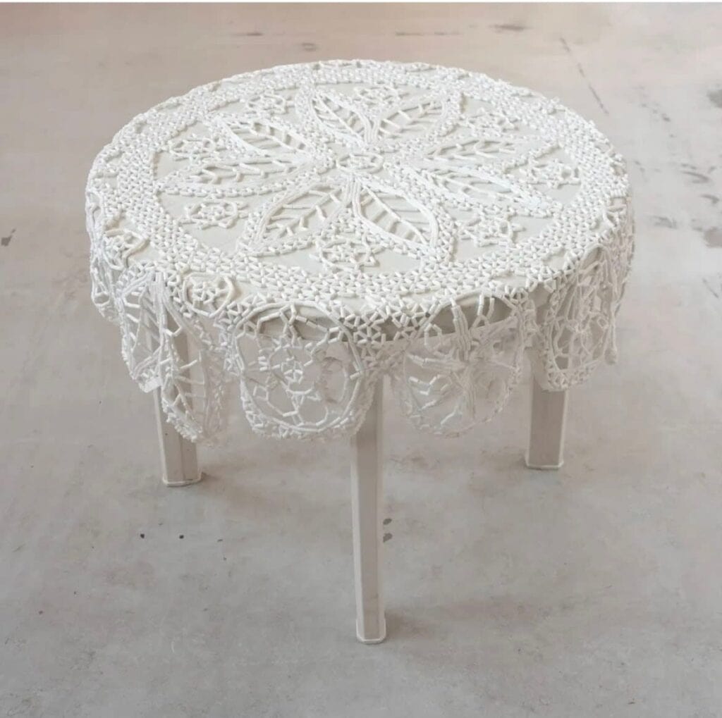 Ty Locke, Nanny State, 2024. Cigarette filters, table. 92 x 92 x7 cm. Courtesy of the Artist and Copperfield, London. Copyright the Artist.