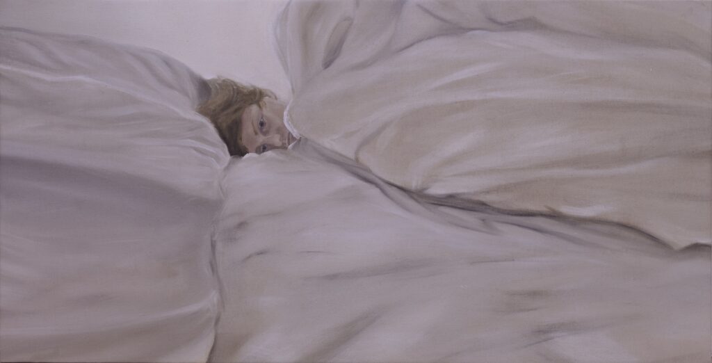 Vasyl Tkachenko (Lyakh), Portrait of Anastasia, 2024, Oil on canvas, 140×75 cm. Courtesy of TBA Gallery