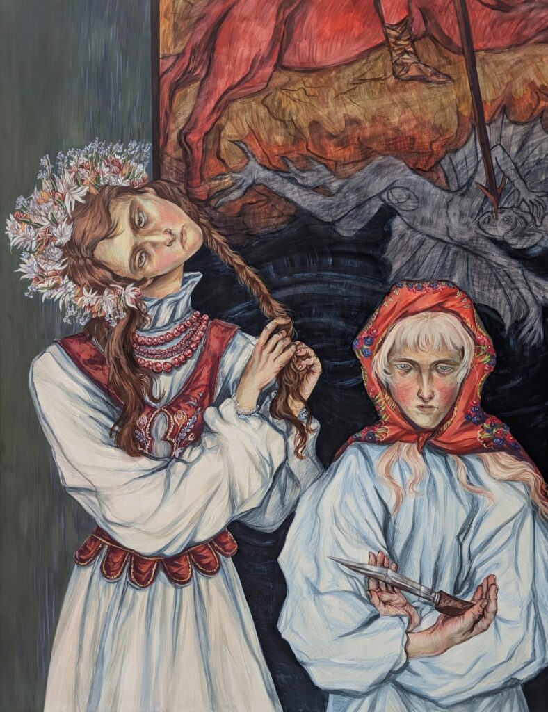 Zuzanna Romańska, Kąkol, który obejmuje swój cień, 2025, egg tempera on canvas, 160 x 120 cm. Courtesy of the artist