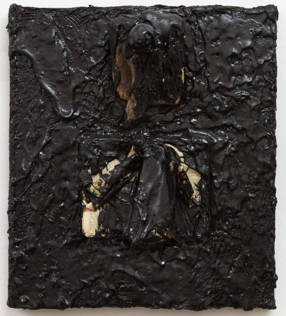 Derek Jarman, The Common Prayer, 1989. Tar and mixed media on canvas, 40.64 x 35.56 cm, 16 x 14 in. Courtesy Keith Collins Will Trust and Amanda Wilkinson, London