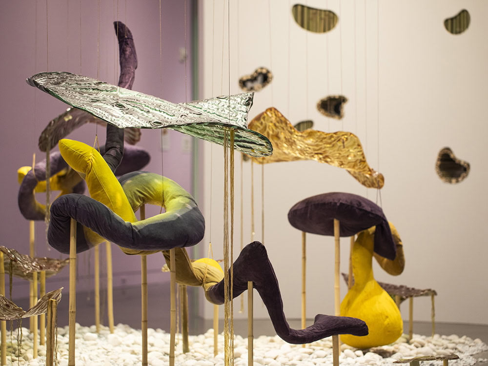 Lucia Monge, Mientras una Hoja Respira (While a Leaf Breathes) 2023 Installation of sculptures made with biopolymers, mycelium casts, bacterial cellulose, eggshell composites, handmade abaca paper, reed, cotton and natural dyes: madder, weld, logwood, dyer's polypore and red pine. Dimensions variable. Courtesy of the artist.
