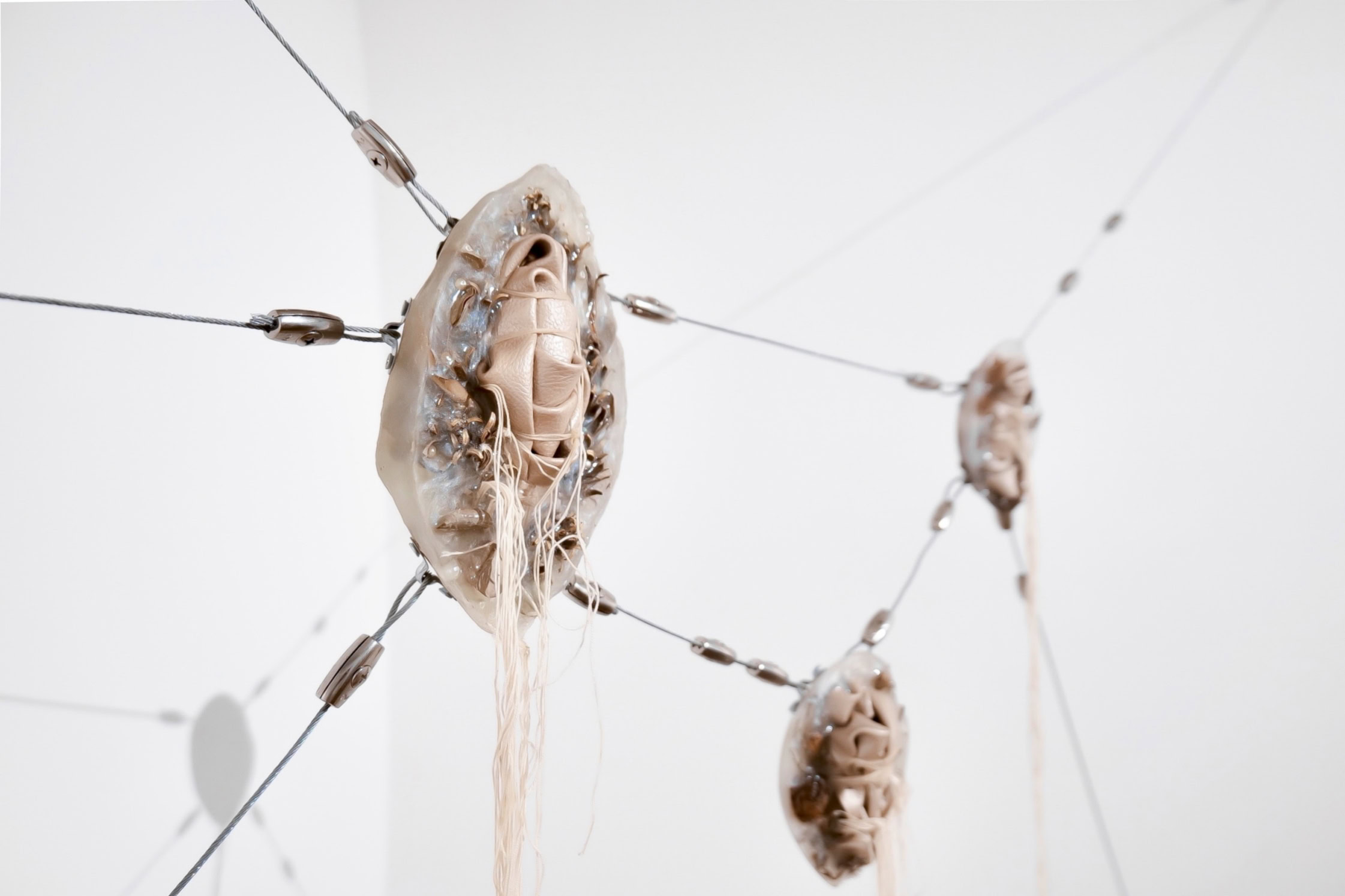 Ivy Chilelli, Untitled (Relief web), 2023, resin, fabric, flowers, iron, 10x150x300 cm. Courtesy of the artist