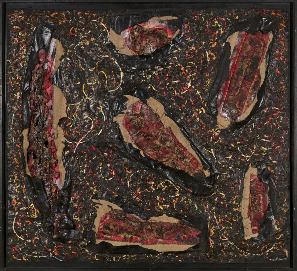 Aseret Black, 1983, pins, wire, fabric, paper, acrylic and oil on canvas and wooden plate, 150 × 160 cm