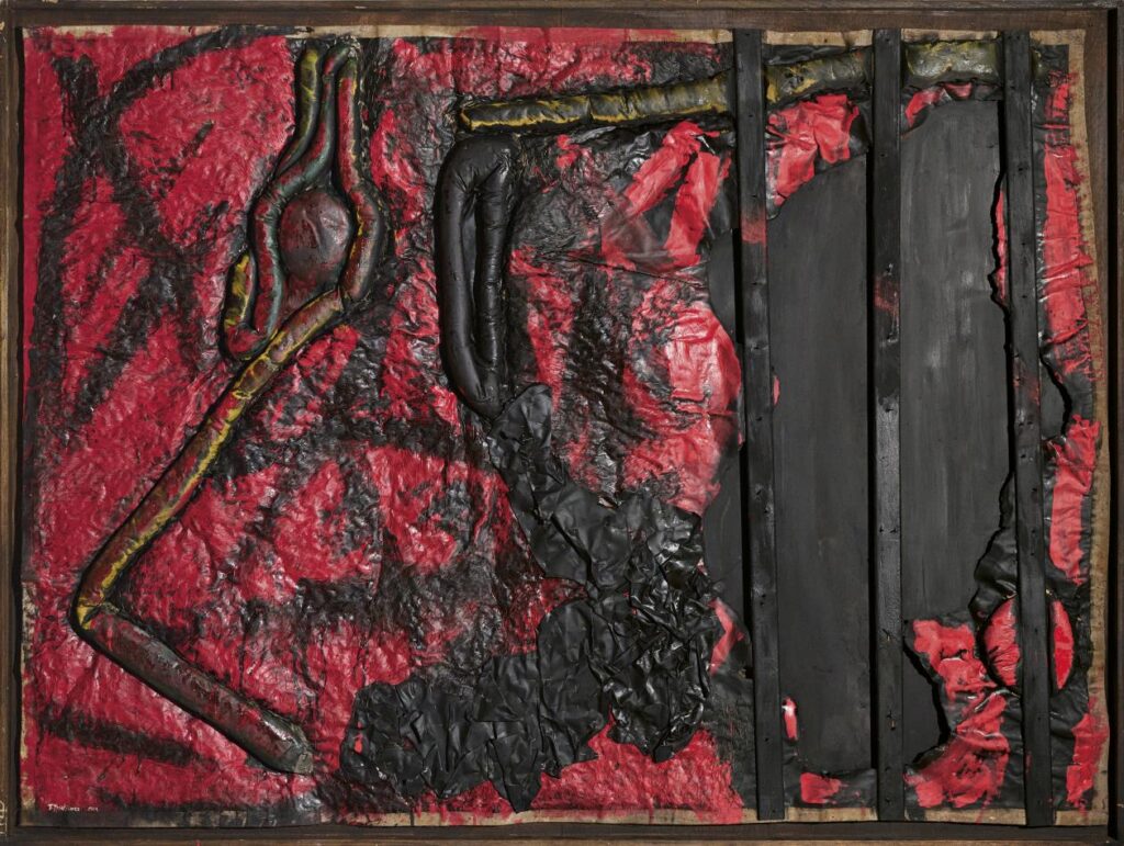 Aseret Hole, 1983, pins, wood, fabric, paper, cardboard, oil on canvas, 150 × 200 cm
