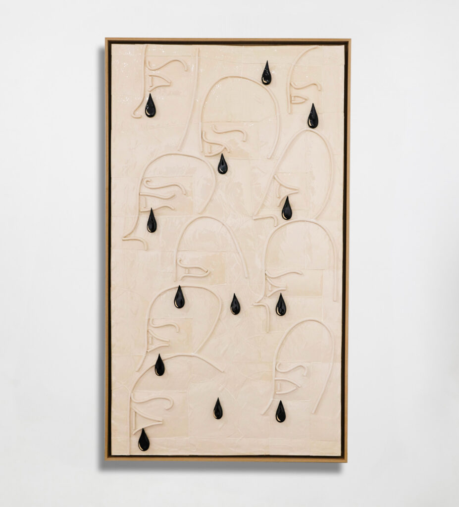 Maximilien Pellet, Cérémonie, 2025, Earthenware on wood and oak american crate - 160 x 90 cm