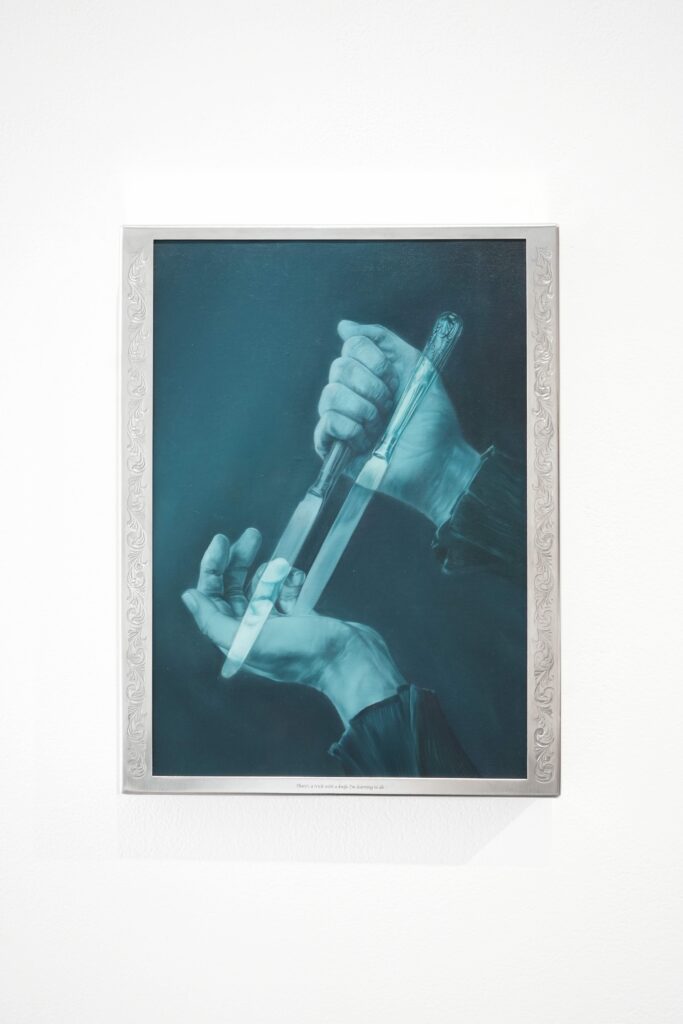 Natalie Sasi Organ, A blade of honey between our shadows, 2026, oil on canvas and engraved stainless steel frame, 37.5 x 28.8 x 3.5 cm. Courtesy of the artist