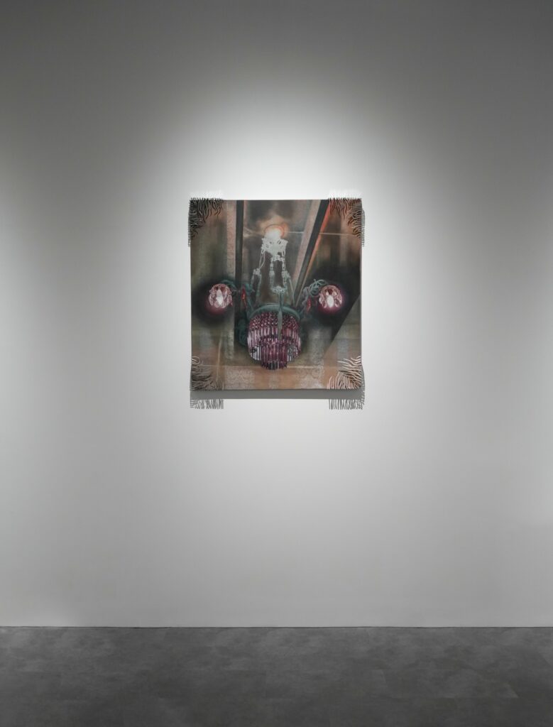 Natalie Sasi Organ, Faultlines, 2025, spray paint and oil on canvas, stainless steel frame, 110 x 99.5 x 6.5 cm. Courtesy of the artist