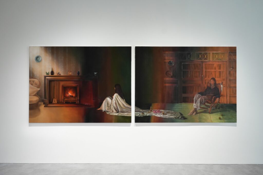 Natalie Sasi Organ, I bloomed where cut, I burned where placed, 2026, oil on canvas and stainless steel corners 150 x 400 cm overall (2 panels - 150 x 200 cm each). Courtesy of the artist