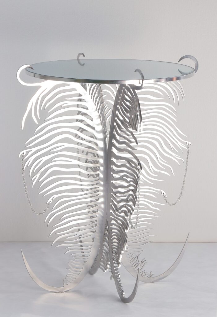 Natalie Sasi Organ, Wither and Sprout, 2024, stainless steel, UV print on glass, chainmail 65 x 65 x 80 cm. Courtesy of the artist.
