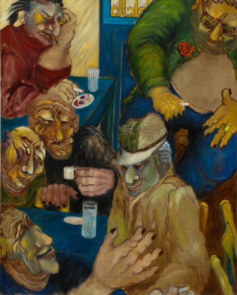 Alexandra Christou, Untitled (Kafeneia Men Astypalaia Moussouris) (1992), oil on canvas. Courtesy of the artist and The Breeder