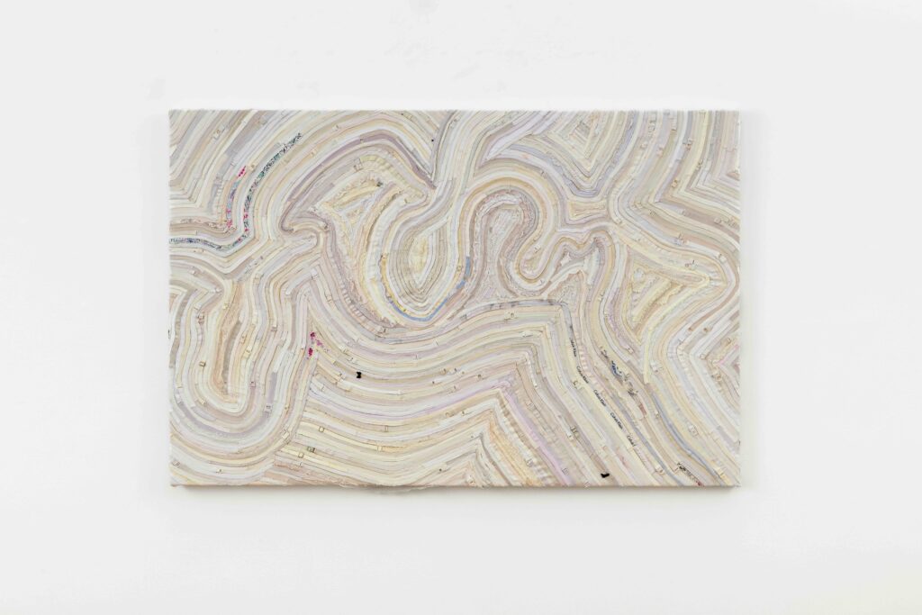 Kresiah Mukwazhi, Tanganyika (2026), bra straps on canvas. Courtesy of the artist and Blank Projects