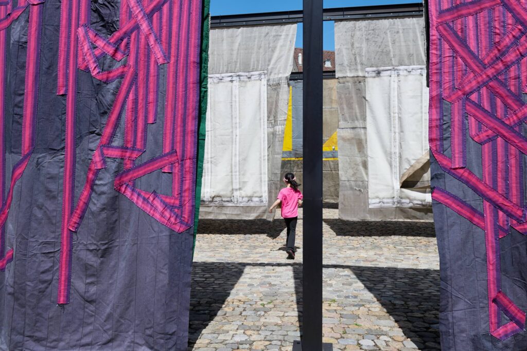 Site-specific commission across Münsterplatz by Ibrahim Mahama. Courtesy of Art Basel