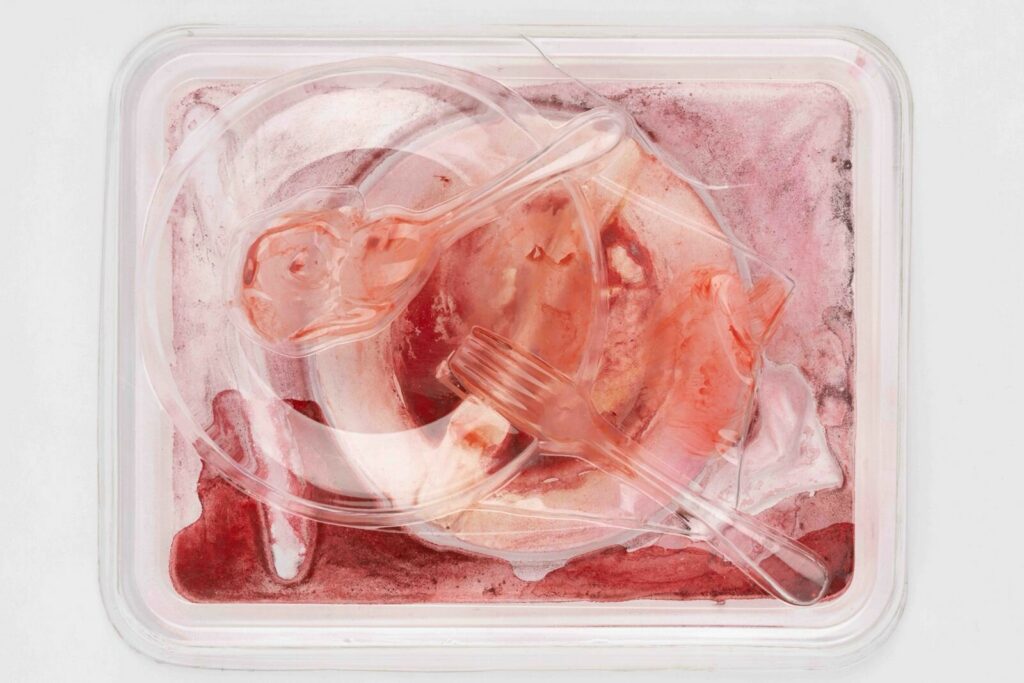 Tolia Astakhishvili, War On My Plate III (2026), tempera, acrylic paint, glue, wire, and PET plastic. Courtesy of LC Queisser. Photograph by Choreo Studio