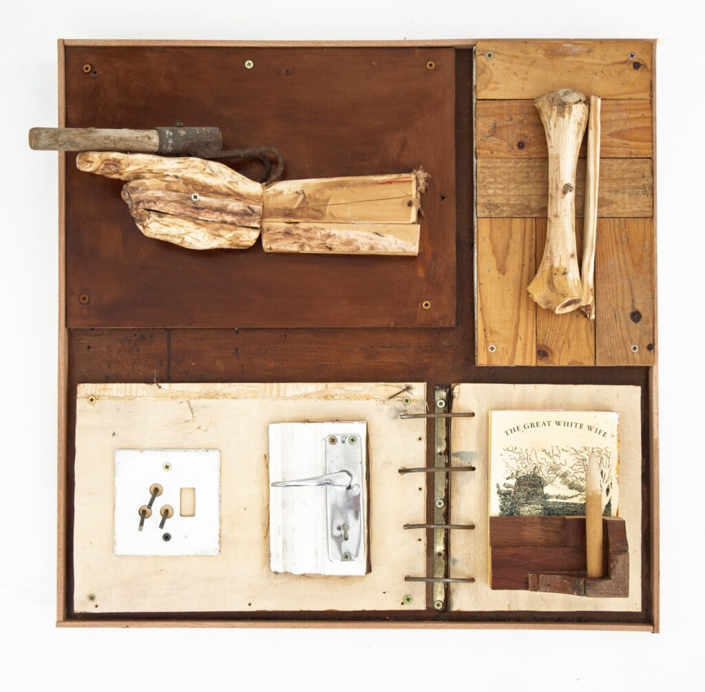 Aaron Philander, Pack Your Toys, 2025, found objects, found wood and varnish, 70.5 x 72 x 19 cm. Courtesy of Everard Reed.