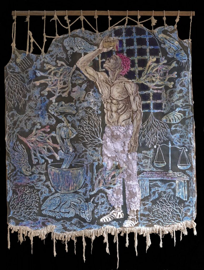 Ibrahim Bemba Kébé, An Offering to the Self, acrylic and mixed media on burlap 160 × 143 cm. New work, represented by THIS IS NOT A WHITE CUBE · FNB Art Joburg, Johannesburg, 6 September 2026. Photo: Aliou Coulibaly.