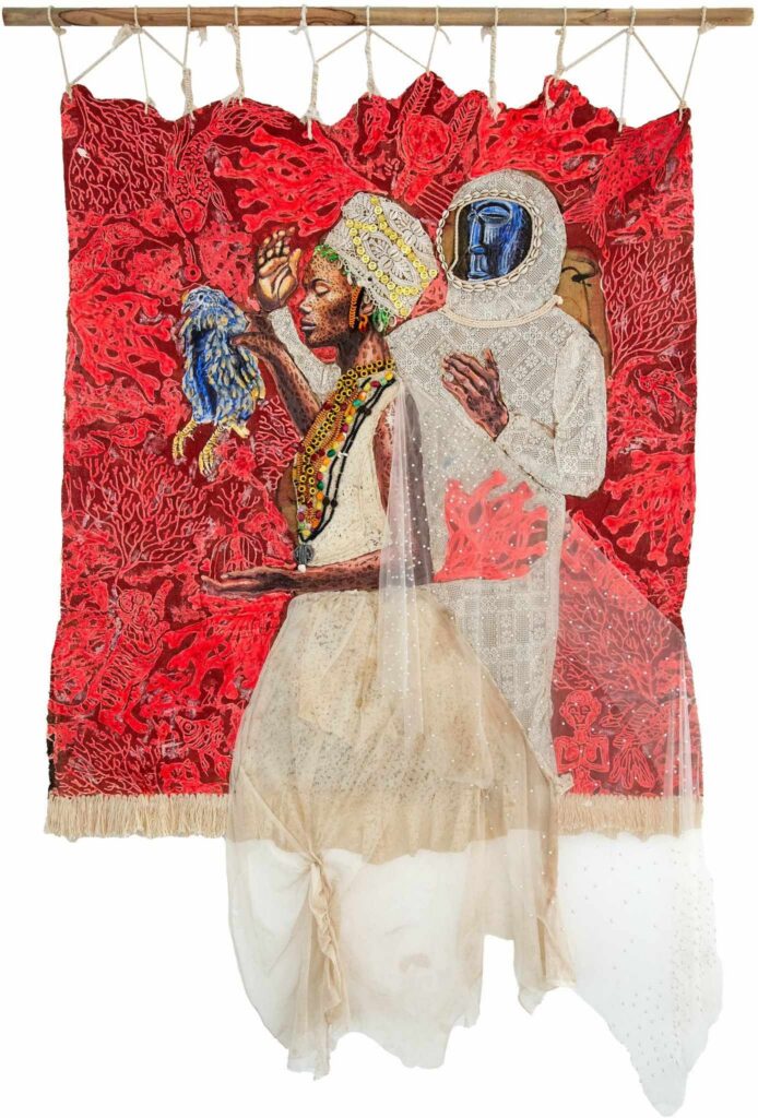 Ibrahim Bemba Kébé, Whispered Ascent, acrylic and mixed media on burlap 225 × 158 × 0.1 cm. Presented in When the Sky Split Open, THIS IS NOT A WHITE CUBE, Lisbon, 2025. Photo: Aliou Coulibaly